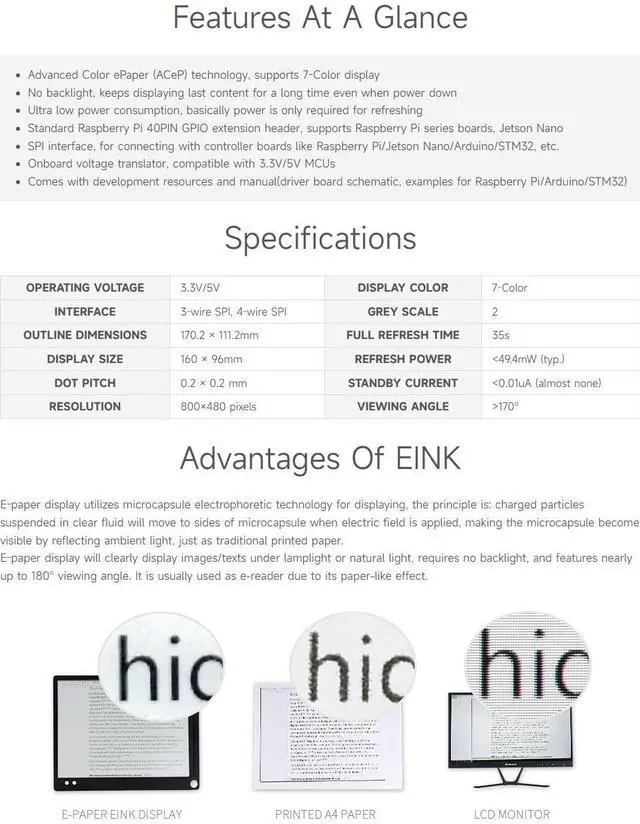 Alt view image 4 of 5 - Waveshare 7.3inch ACeP 7-Color E-Paper E-Ink Display Module, Compatible with Raspberry Pi 4B/3B+/3A+ /3B /2B/1B+/1A+/Zero 2 W/Zero W/Zero, 800×480 Pixels, SPI Communication