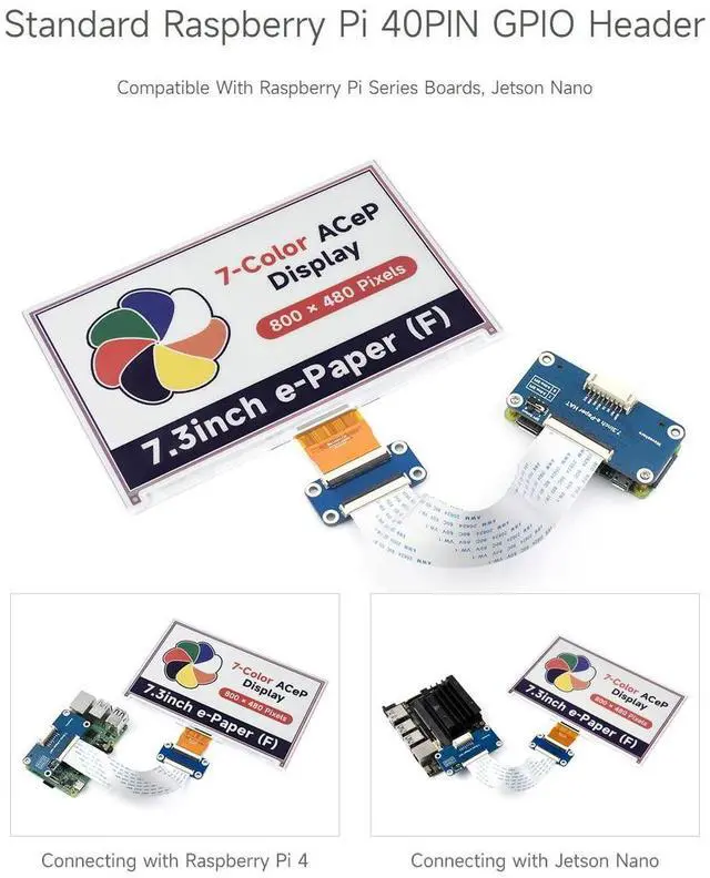 Alt view image 5 of 5 - Waveshare 7.3inch ACeP 7-Color E-Paper E-Ink Display Module, Compatible with Raspberry Pi 4B/3B+/3A+ /3B /2B/1B+/1A+/Zero 2 W/Zero W/Zero, 800×480 Pixels, SPI Communication