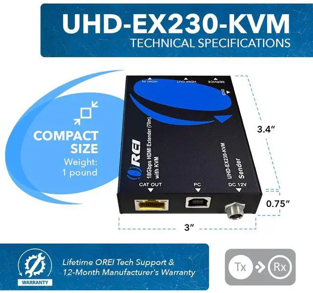 Alt view image 3 of 5 - OREI 4K HDMI Extender Over Ethernet With KVM - 4K@60Hz Up To 230 Feet Over CAT 6/7 - USB 1.1 Keyboard And Mouse Support, Loop Out, Power Over Cable