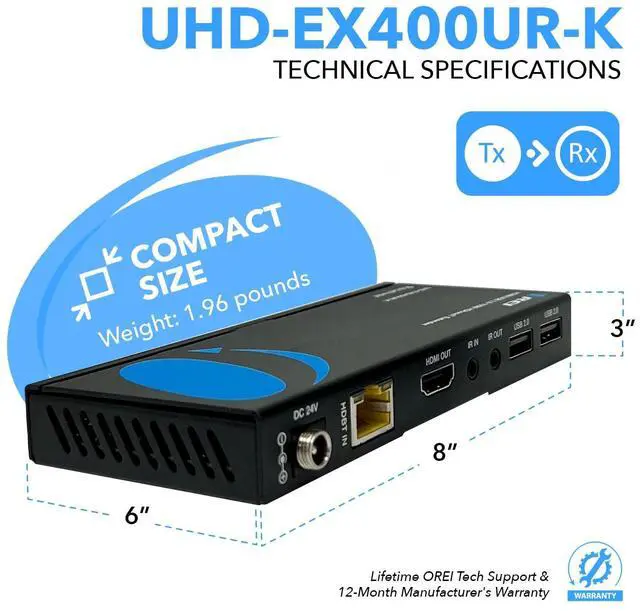 Alt view image 5 of 5 - 4K USB 2.0 HDMI Extender Over LAN by OREI HDBaseT PoC Single CAT5e/CAT6A/CAT7 Cable 4K @ 60Hz - Up to 400 Ft 4:4:4 - KVM Webcam Remote Keyboard Mouse USB Control - Digital Full HD (4K USB 2.0)
