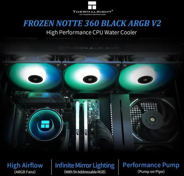 Alt view image 2 of 5 - Thermalright Frozen Notte 360 Black ARGB V2 Water Cooling CPU Cooler, 360 Black CPU Cooler Specifications, 3×120mm PWM Fans, S-FDB Bearings, Suitable for AMD/AM4, Intel LGA 1700/1150/1151/1200/2011