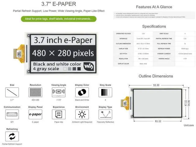 Alt view image 3 of 5 - Waveshare 3.7inch E-Paper E-Ink Raw Display Compatible with Raspberry Pi 4B/3B+/3B/2B/B+/A+/Zero/Zero W/WH/Zero 2W Series Boards 480×280 Pixels 4 Grey Scales Supports Partial Refresh