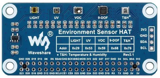 Main image of Waveshare Environment Sensor HAT, Compatible with Raspberry Pi 5/4B/3B/Zero/Zero W/Zero 2W/Pico/Pico W/Pico WH, I2C Bus with Rich Onboard Resources Including Ambient Light Sensor VOC Sensor