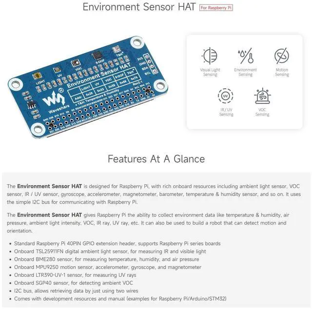 Alt view image 4 of 5 - Waveshare Environment Sensor HAT, Compatible with Raspberry Pi 5/4B/3B/Zero/Zero W/Zero 2W/Pico/Pico W/Pico WH, I2C Bus with Rich Onboard Resources Including Ambient Light Sensor VOC Sensor