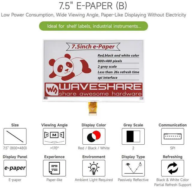 Alt view image 3 of 5 - Waveshare 7.5inch E-Paper E-Ink Raw Display Compatible with Raspberry Pi 4B/3B+/3B/2B/B+/A+/Zero/Zero W/WH/Zero 2W Series Boards 800×480 Pixels Three-Color with SPI Interface Without PCB
