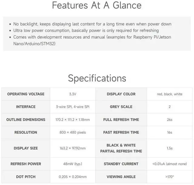 Alt view image 4 of 5 - Waveshare 7.5inch E-Paper E-Ink Raw Display Compatible with Raspberry Pi 4B/3B+/3B/2B/B+/A+/Zero/Zero W/WH/Zero 2W Series Boards 800×480 Pixels Three-Color with SPI Interface Without PCB