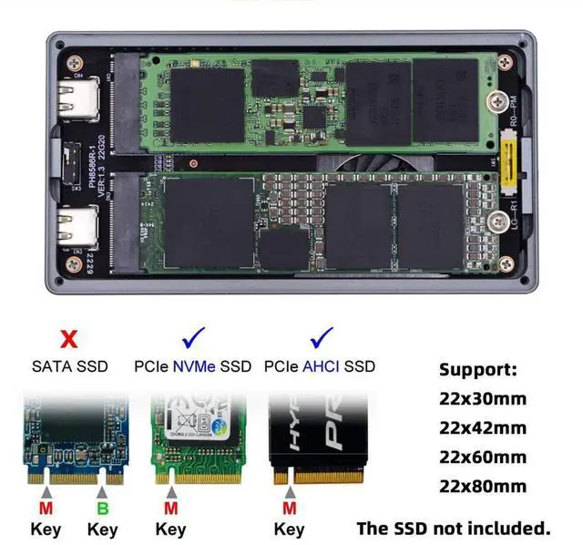 Alt view image 2 of 5 - xiwai 20Gbps Dual NVME Drive Case M.2 NGFF M-Key to USB-C Type-C Raid0 Raid1 JOBD Big SSD Enclosure with Fan Raid0 Hyper Adapter for 2230/2242/ 2260/ 2280mm PCI-E NVME SSDs