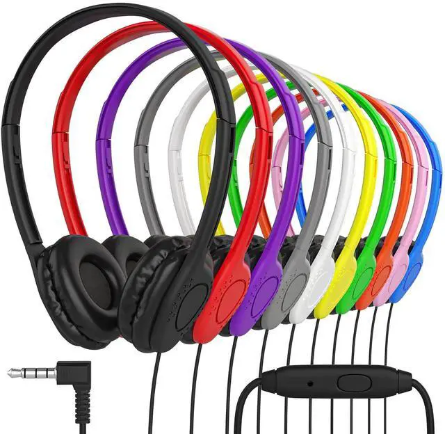 Main image of Maeline Bulk Classroom Student Headphones with Microphone, On Ear Stereo Headphones with Mic & Faux Leather Cushions for Kids Online Learning, Library, School, Airplane, Travel - 3.5mm Plug - 20 Pack