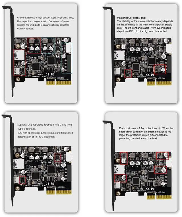 Alt view image 3 of 5 - PCIe Type C Card, PCIe3.0 to USB 3.2 Gen 2 Card with 10 Gbps Bandwidth USB Ports, PCI Express (PCIe) Expansion Card USB Card for Desktop PC
