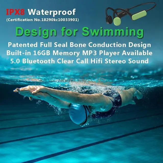Alt view image 2 of 5 - IHAO Swimming Headphones True Bone Conduction Open Ear Headset MP3 Player Built-in 16G Memory IP68 Underwater Waterproof Stereo Bluetooth Earphone for Driving Bicycling Running Skiing-Green
