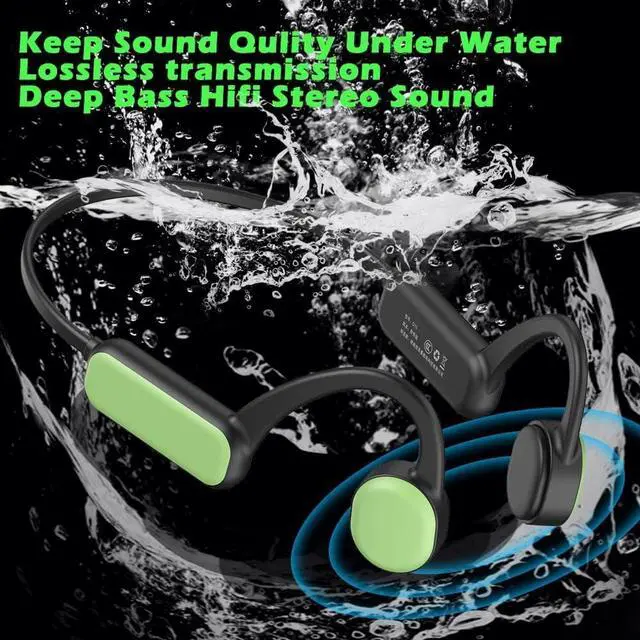 Alt view image 4 of 5 - IHAO Swimming Headphones True Bone Conduction Open Ear Headset MP3 Player Built-in 16G Memory IP68 Underwater Waterproof Stereo Bluetooth Earphone for Driving Bicycling Running Skiing-Green