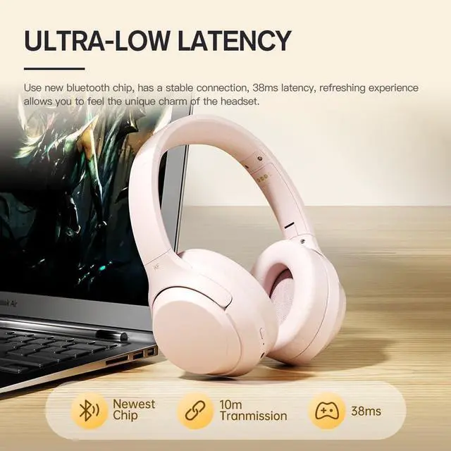 Alt view image 3 of 5 - iKF T1/T1 Pro/T1 Max Wireless Bluetooth Over-Ear Headphones, 100H Battery, HiFi Sound, ANC, Multi-Device Connection, App Control, Wired Mode, for Travel, Work, Gaming, Music T1 Pro Pink