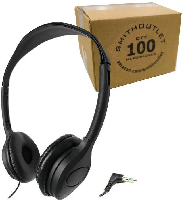 Main image of SmithOutlet Headphones Bulk 100-Pack | for Classroom School Students K-12 | On-Ear Wired | Compatible with Chromebook, Computer, Laptop | Black Color Part SG-313-100