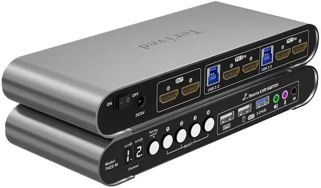 Main image of Terived 2 Computers 2 HDMI Monitors Matrix Automatic KVM Switch 4K@60Hz, Hotkey Switching, EDID, Digital Display and Aluminum Shell, USB 3.0 Hub Audio Microphone with Cables