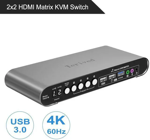 Alt view image 2 of 5 - Terived 2 Computers 2 HDMI Monitors Matrix Automatic KVM Switch 4K@60Hz, Hotkey Switching, EDID, Digital Display and Aluminum Shell, USB 3.0 Hub Audio Microphone with Cables