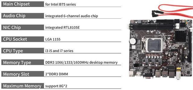 Alt view image 2 of 5 - Desktop PC Motherboard,DDR3 Motherboard for Intel B75,LGA 1155,DDR3 1066/1333/1600/1866MHz,6 Channel Audio,PCI E X16 /USB 3.0/SATA 3.0/RJ45//VGA Interface,Support I3 I5 I7 CPU