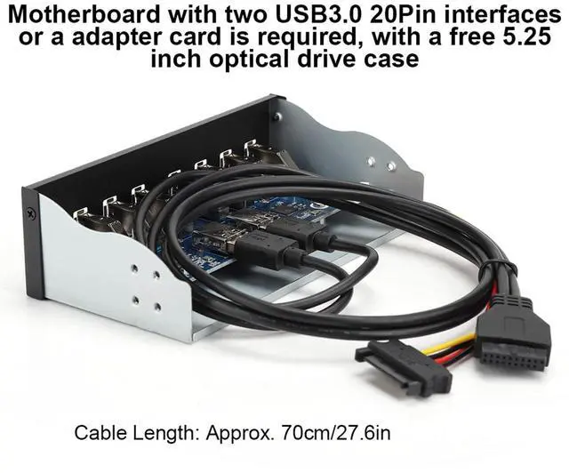 Alt view image 3 of 5 - USB 3.0 Extension Front Panel, 19 Pin 8 Port Panel Computer Expansion Board, 5.25in Optical Drive Extension Front Panel Adapter for PC Computer