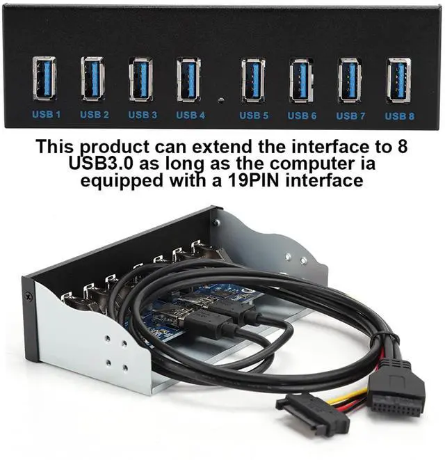 Alt view image 4 of 5 - USB 3.0 Extension Front Panel, 19 Pin 8 Port Panel Computer Expansion Board, 5.25in Optical Drive Extension Front Panel Adapter for PC Computer