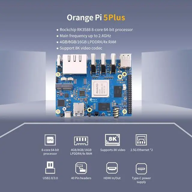 Alt view image 4 of 5 - Orange Pi 5 Plus 8GB with 64GB eMMC Rockchip RK3588 8-Core 64-Bit Single Board Computer with 64GB eMMC Module, Development Board Run Orange Pi/Ubuntu/Debian/Android 12 OS (Pi 5 Plus 8G+64G eMMC)