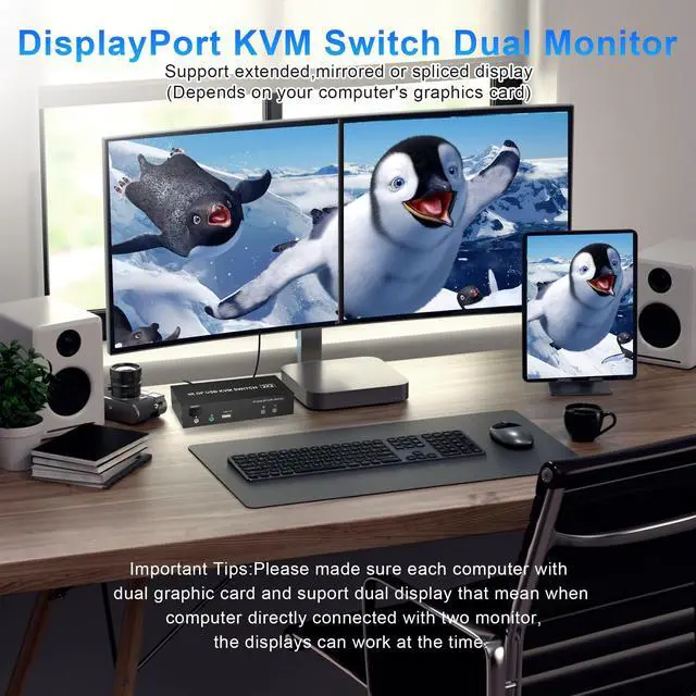 Alt view image 3 of 5 - DisplayPort KVM Switch Dual Monitor 4K@60Hz Extended Display, 2 Computers 2 Monitors Displayport Switch with Audio Microphone Output and 3 USB Ports, PC Monitor Keyboard Mouse Switcher