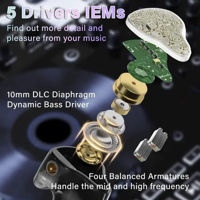 Alt view image 2 of 5 - BASN Bmaster5 in Ear Monitors, 1DLC Diaphragm+4BA 5 Drivers IEM Earphones with Silver-Plated OFC Cable, Noise Isolation Wired Earbuds for Musicians (Starlight Gold)