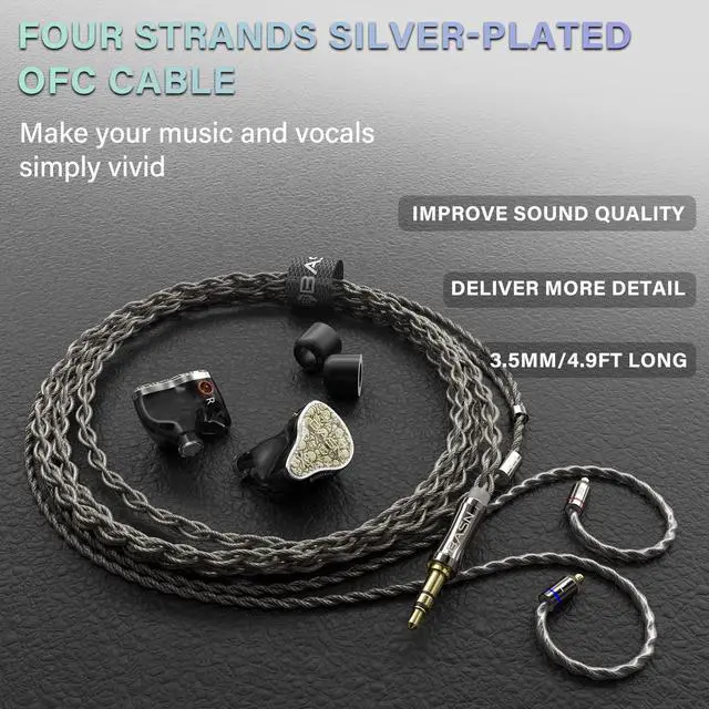 Alt view image 4 of 5 - BASN Bmaster5 in Ear Monitors, 1DLC Diaphragm+4BA 5 Drivers IEM Earphones with Silver-Plated OFC Cable, Noise Isolation Wired Earbuds for Musicians (Starlight Gold)