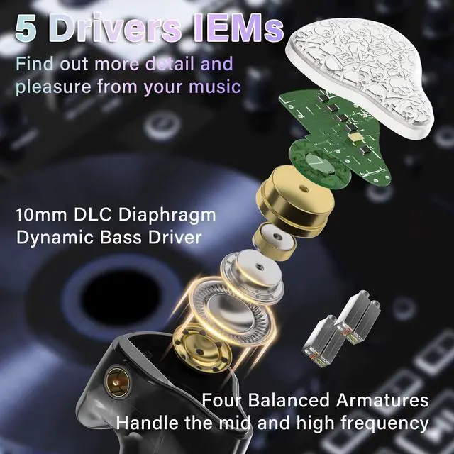Alt view image 2 of 5 - BASN Bmaster5 in Ear Monitors, 1DLC Diaphragm+4BA 5 Drivers IEM Earphones with Silver-Plated OFC Cable, Noise Isolation Wired Earbuds for Musicians (Glacier White)