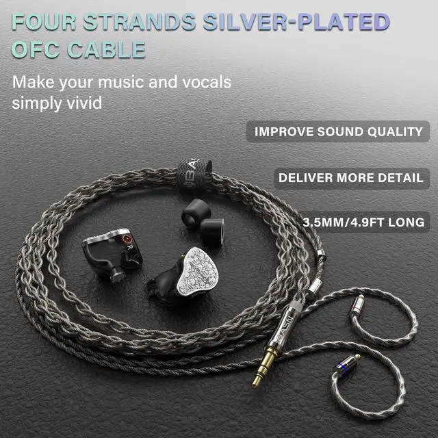 Alt view image 4 of 5 - BASN Bmaster5 in Ear Monitors, 1DLC Diaphragm+4BA 5 Drivers IEM Earphones with Silver-Plated OFC Cable, Noise Isolation Wired Earbuds for Musicians (Glacier White)