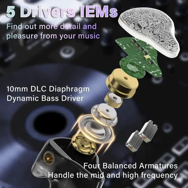 Alt view image 2 of 5 - BASN Bmaster5 in Ear Monitors, 1DLC Diaphragm+4BA 5 Drivers IEM Earphones with Silver-Plated OFC Cable, Noise Isolation Wired Earbuds for Musicians (Silver)