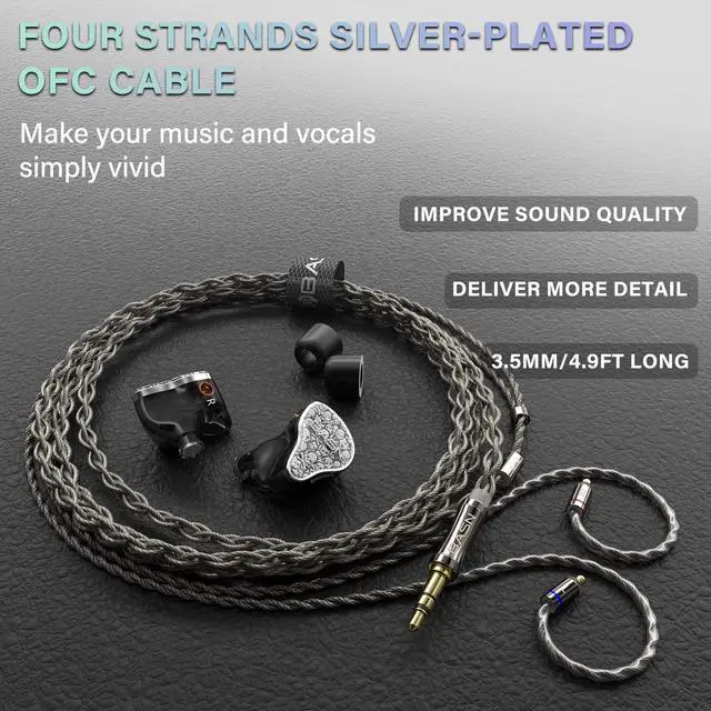 Alt view image 4 of 5 - BASN Bmaster5 in Ear Monitors, 1DLC Diaphragm+4BA 5 Drivers IEM Earphones with Silver-Plated OFC Cable, Noise Isolation Wired Earbuds for Musicians (Silver)