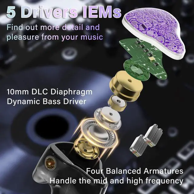 Alt view image 2 of 5 - BASN Bmaster5 in Ear Monitors, 1DLC Diaphragm+4BA 5 Drivers IEM Earphones with Silver-Plated OFC Cable, Noise Isolation Wired Earbuds for Musicians (Purple)