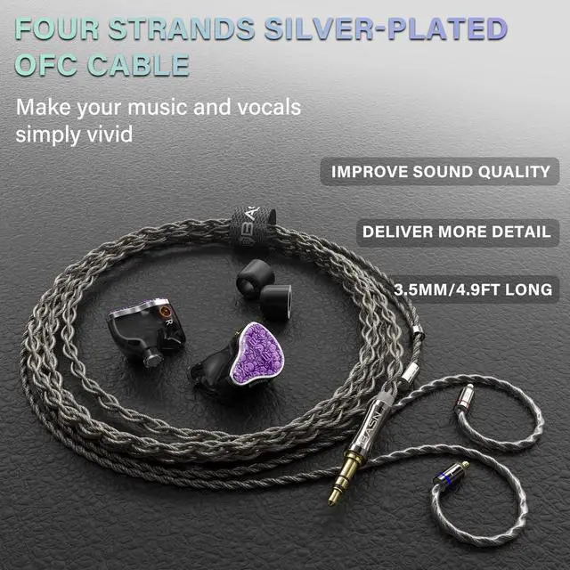 Alt view image 4 of 5 - BASN Bmaster5 in Ear Monitors, 1DLC Diaphragm+4BA 5 Drivers IEM Earphones with Silver-Plated OFC Cable, Noise Isolation Wired Earbuds for Musicians (Purple)