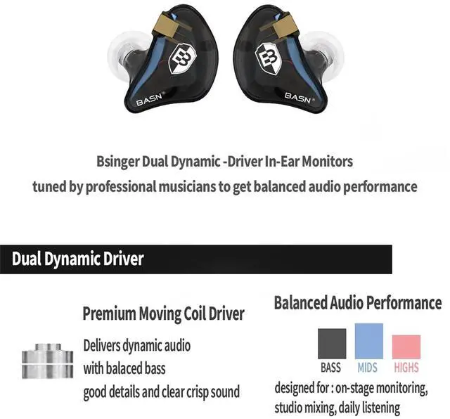 Alt view image 2 of 5 - BASN Bsinger PRO in Ear Monitor Headphones for Musicians, Dynamic Driver Noise Isolating Earphones with 2 Detachable MMCX Cables (Black)