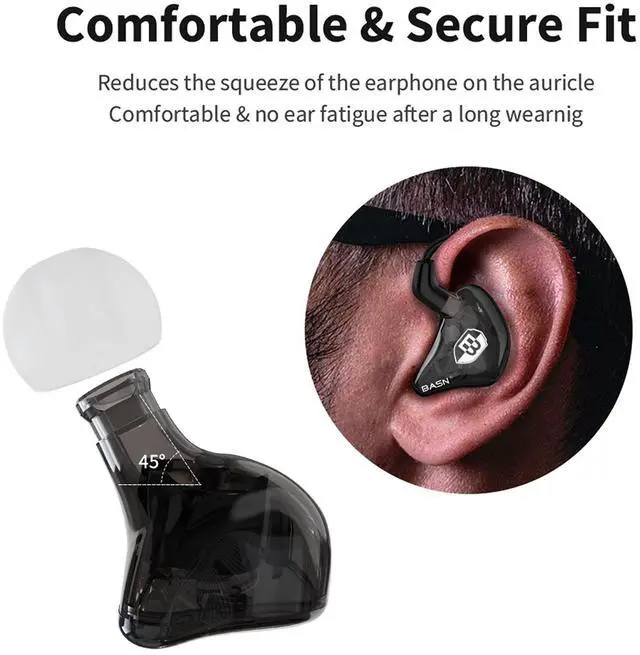 Alt view image 4 of 5 - BASN Bsinger PRO in Ear Monitor Headphones for Musicians, Dynamic Driver Noise Isolating Earphones with 2 Detachable MMCX Cables (Black)