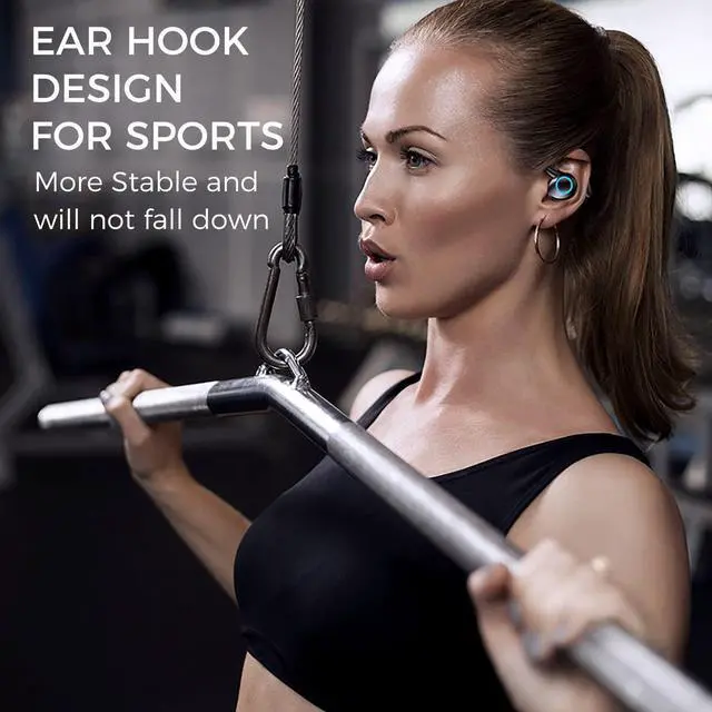 Alt view image 5 of 5 - Ear hook Wireless Workout Earbuds, Bluetooth 5.1 Headphones, 28Hrs Playtime, HiFi Stereo, Sweatproof, Noise Cancelling, Lightweight, 500mAh battery, Ideal for Cycling, Sport, Running, Driving.,Black
