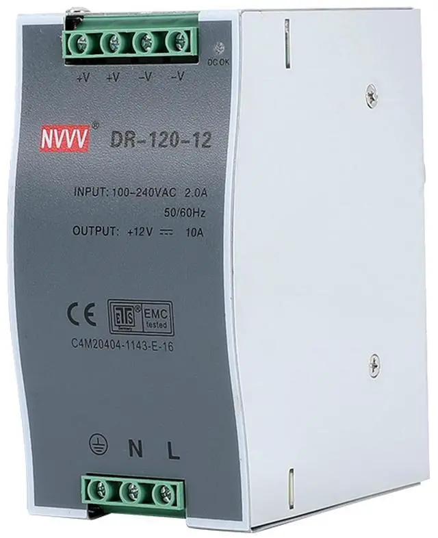 Alt view image 2 of 5 - NVVV DR-120-12 AC to DC DIN-Rail Mount Power Supply, 12V, 10 Amp, 120W Single Extreme -30 to 70 °C (-22 to 158 °F) Operating Temp, Overload Protection, Metal, Silver+Grey
