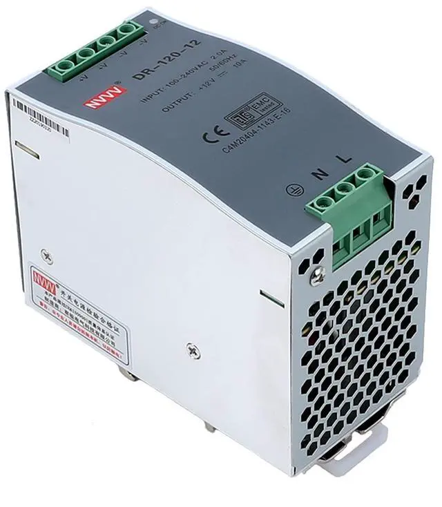Main image of NVVV DR-120-12 AC to DC DIN-Rail Mount Power Supply, 12V, 10 Amp, 120W Single Extreme -30 to 70 °C (-22 to 158 °F) Operating Temp, Overload Protection, Metal, Silver+Grey