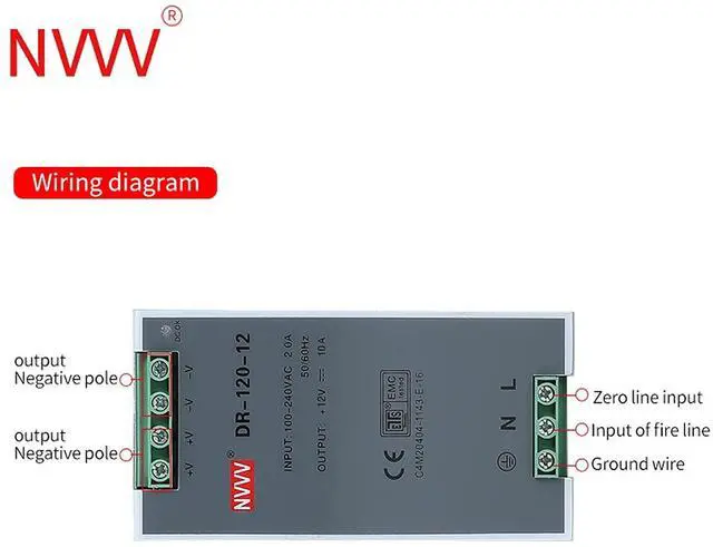 Alt view image 3 of 5 - NVVV DR-120-12 AC to DC DIN-Rail Mount Power Supply, 12V, 10 Amp, 120W Single Extreme -30 to 70 °C (-22 to 158 °F) Operating Temp, Overload Protection, Metal, Silver+Grey