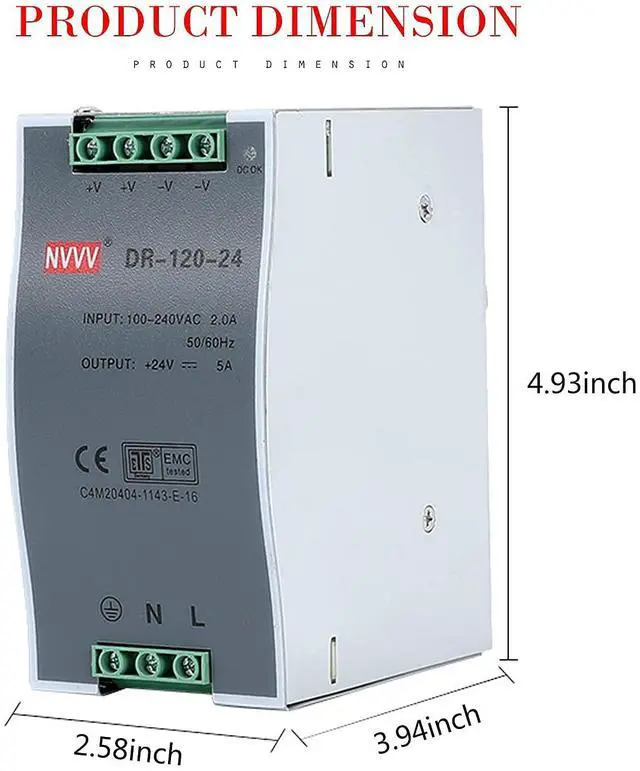 Alt view image 4 of 5 - NVVV DR-120-12 AC to DC DIN-Rail Mount Power Supply, 12V, 10 Amp, 120W Single Extreme -30 to 70 °C (-22 to 158 °F) Operating Temp, Overload Protection, Metal, Silver+Grey