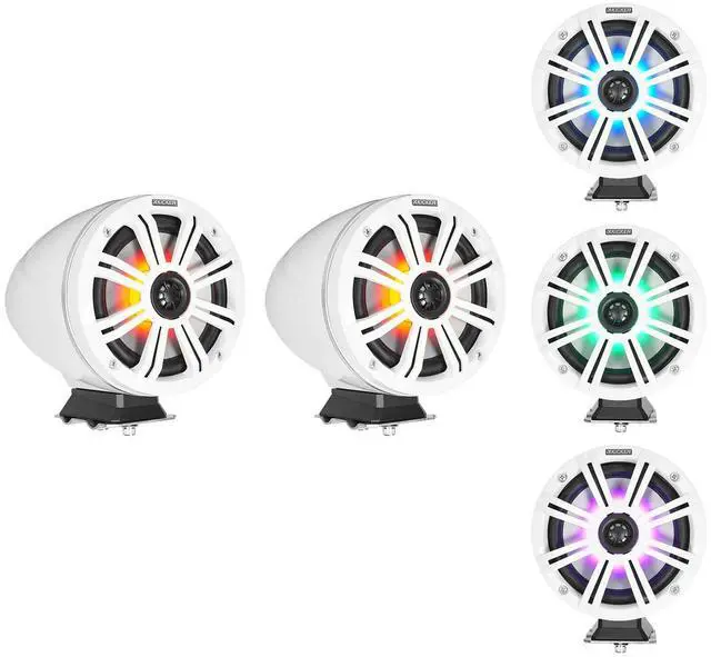 Main image of Kicker KMFC65W 6.5" Flat Mount Loaded Marine Wake Towers with 46KM654L Speakers - White Grills and Enclosures