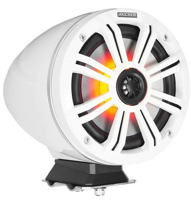 Alt view image 5 of 5 - Kicker KMFC65W 6.5" Flat Mount Loaded Marine Wake Towers with 46KM654L Speakers - White Grills and Enclosures