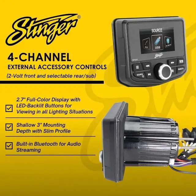 Alt view image 2 of 5 - STINGER Marine and Powersport 2.7 Digital Media Player with Switch Command, 4-Channel, Bluetooth, Weather Resistant Front Panel, USB Input with Subwoofer Control (SPXM1)