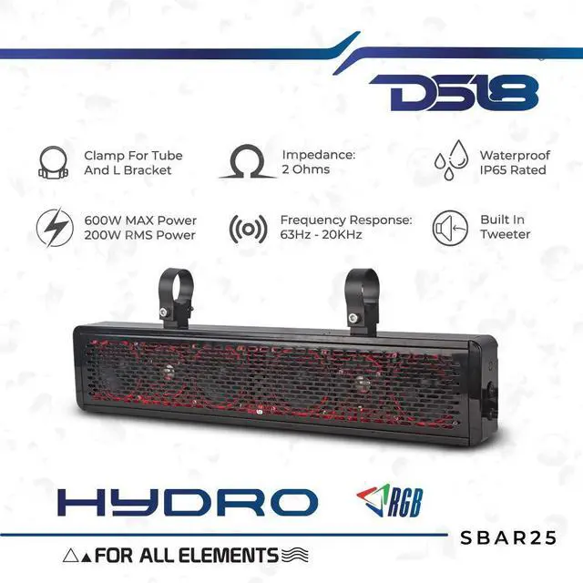 Alt view image 2 of 5 - DS18 SBAR25 25 Inch Hydro Sound Bar 2-Way Waterproof Speaker System with Integrated RGB Lights 200 RMS 600 Watts Max - Ideal for ATV UTV SXS Marine RZR Easy Installation
