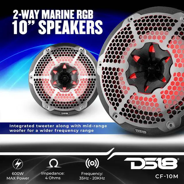 Alt view image 2 of 5 - DS18 Hydro CF-10M- High End Carbon Fibre Coaxial Speaker Pair - 2-Way Marine Speaker w/Integrated RGB Lights - 600 Watt - 100% UV Stable - Water Resistant Speakers - 10 Inches