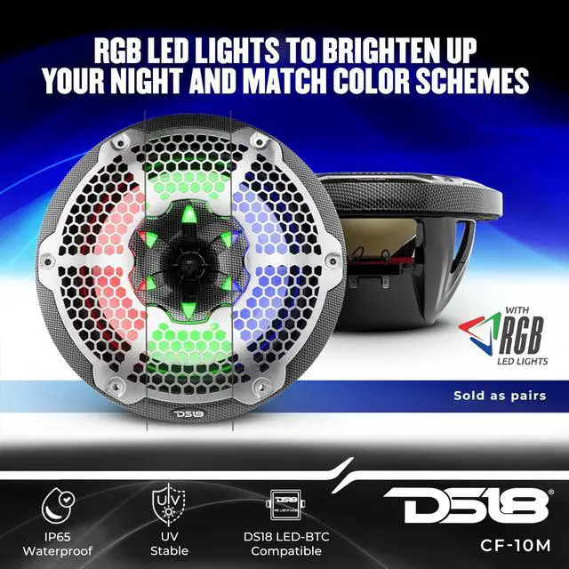 Alt view image 3 of 5 - DS18 Hydro CF-10M- High End Carbon Fibre Coaxial Speaker Pair - 2-Way Marine Speaker w/Integrated RGB Lights - 600 Watt - 100% UV Stable - Water Resistant Speakers - 10 Inches