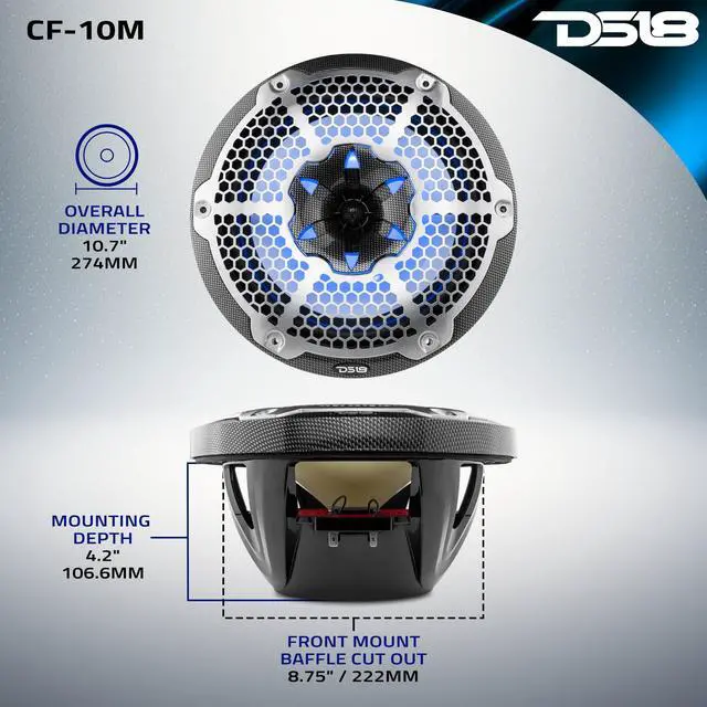 Alt view image 5 of 5 - DS18 Hydro CF-10M- High End Carbon Fibre Coaxial Speaker Pair - 2-Way Marine Speaker w/Integrated RGB Lights - 600 Watt - 100% UV Stable - Water Resistant Speakers - 10 Inches
