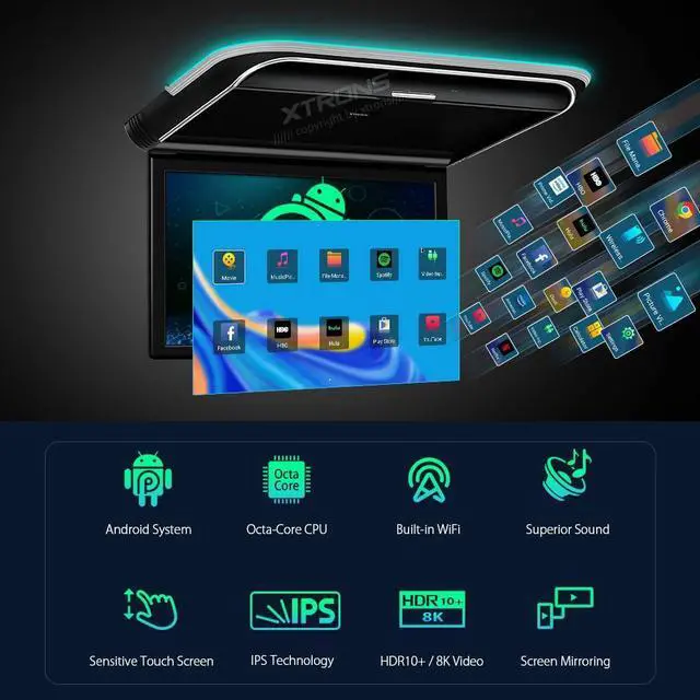 Alt view image 2 of 5 - XTRONS Android Car Overhead Player 15.6 Wide IPS Touch Screen 8K Video Car Roof Mount Monitor with Built-in Stereo Speakers Flip Down Overhead Car Monitor Support Bluetooth, WiFi, HDMI, USB, IR
