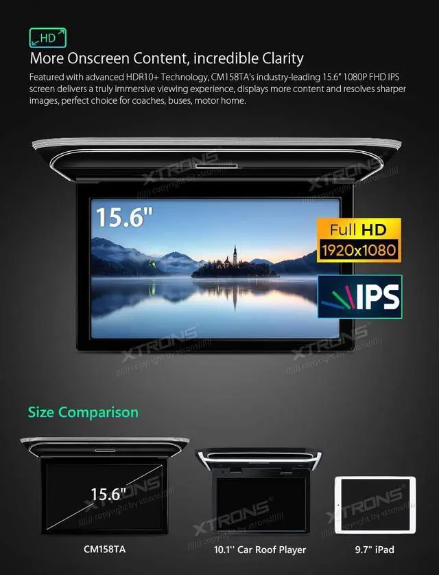 Alt view image 3 of 5 - XTRONS Android Car Overhead Player 15.6 Wide IPS Touch Screen 8K Video Car Roof Mount Monitor with Built-in Stereo Speakers Flip Down Overhead Car Monitor Support Bluetooth, WiFi, HDMI, USB, IR
