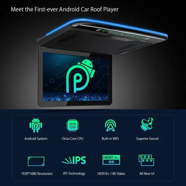 Alt view image 2 of 5 - XTRONS Android Car Overhead Player 13.3 Inch Wide IPS Screen Car Roof Mount Monitor with Built-in Stereo Speakers Flip Down Overhead Car Monitor Support 8K Video, Bluetooth, WiFi, HDMI, USB, IR