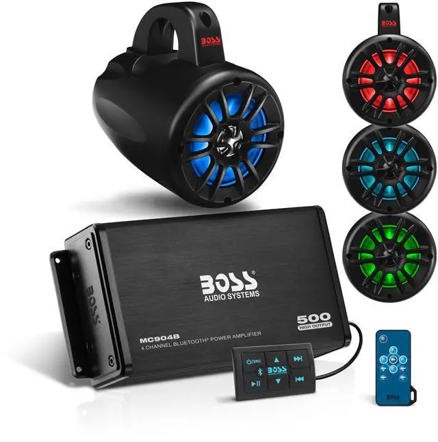 Main image of BOSS Audio Systems UNI4RGB ATV UTV Marine Boat IPX5 Weatherproof 4 Inch Stereo Wake Tower Speakers (x4) And 4 Channel Weatherproof Bluetooth Amplifier